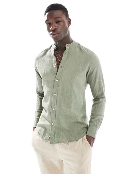 Camisa verde salvia con cuello mao de mezcla de lino de ONLY & SONS - view 1