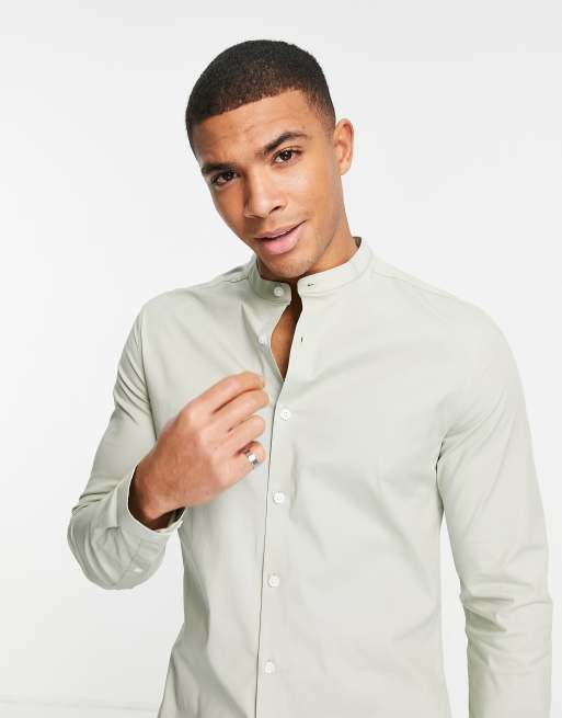 Camisa verde salvia entallada de manga larga con cuello mao de ASOS DESIGN, 3 de 4