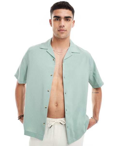 Camisa verde salvia holgada de manga corta con cuello de solapas de tejido texturizado de ASOS DESIGN - view 1