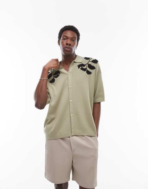 Camisa verde salvia y negra con bordado floral de punto de Topman - view 1