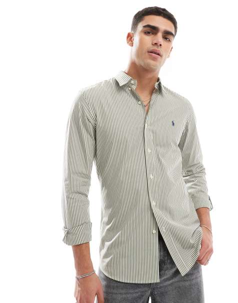 Camisa verde y blanca a rayas de corte slim elástico con logo de popelina de Polo Ralph Lauren - view 1