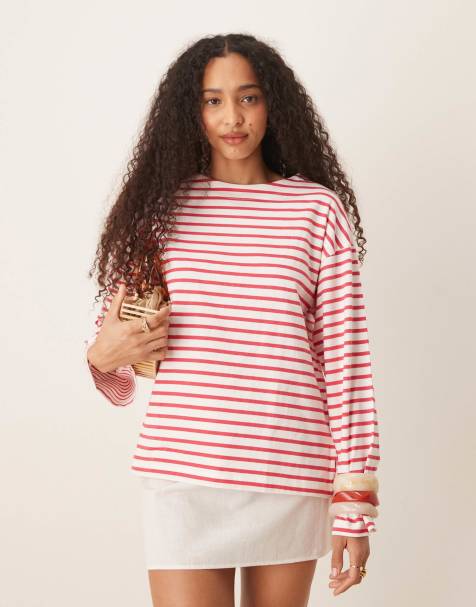 Camiseta a rayas color coral de manga larga con detalle de etiqueta de Scalpers - view 1