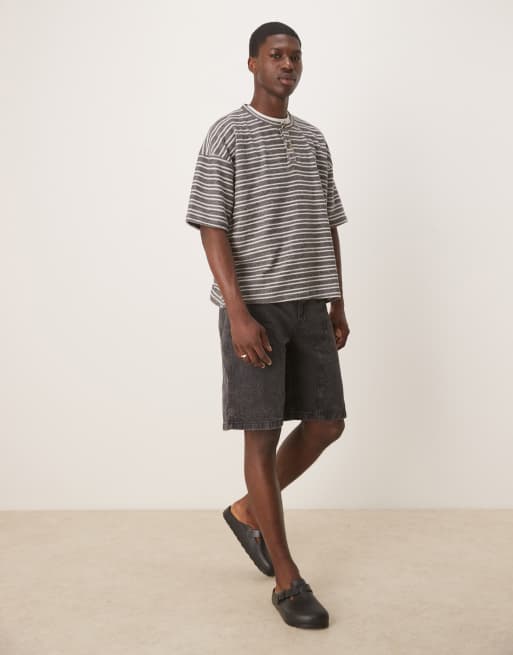 Camiseta a rayas extragrande con cuello panadero y hombros caídos de canalé de ASOS DESIGN, 3 de 4