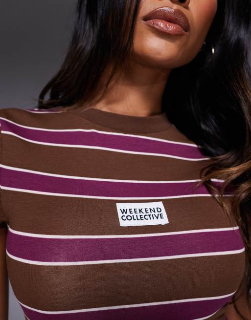 Camiseta a rayas marrón chocolate y burdeos con diseño encogido de Weekend Collective, 4 de 4