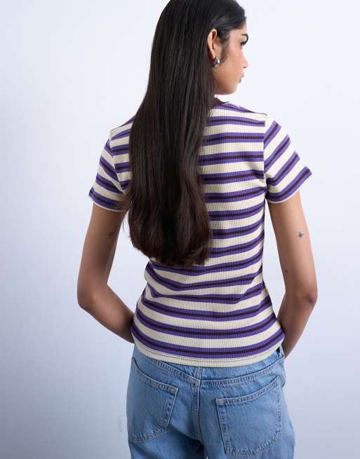 Camiseta a rayas moradas de manga corta de canalé de Topshop, 2 de 4