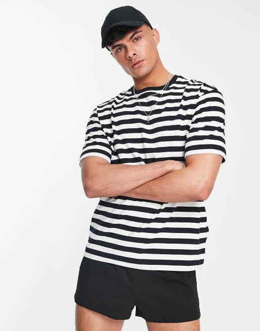 Camiseta a rayas negras y blancas extragrande de tejido grueso de algodón de Selected Homme - BLACK