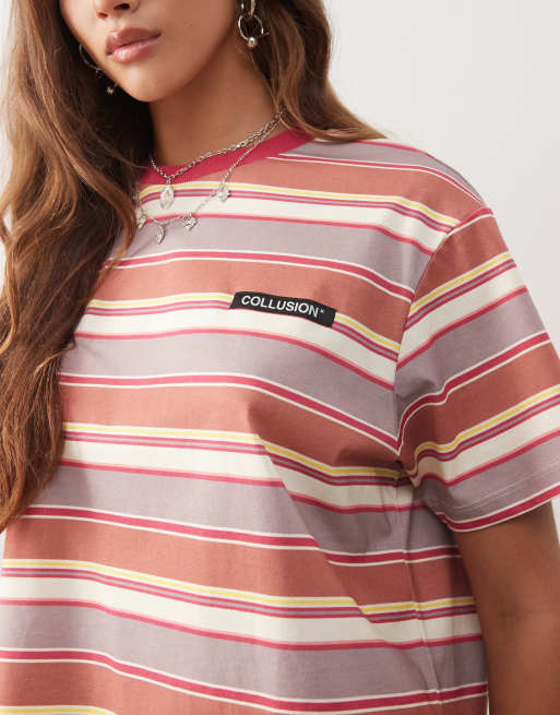 Camiseta a rayas rosas de corte antifit con parche del logo de COLLUSION, 2 de 4