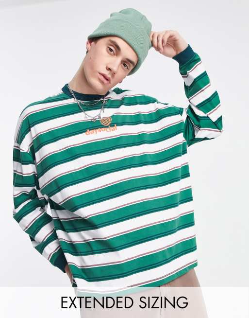 Camiseta a rayas verdes de corte extragrande y manga larga con logo estampado en el pecho de ASOS Daysocial