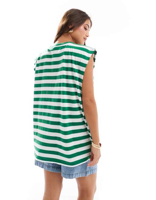 Camiseta a rayas verdes y blancas sin mangas extragrande con sisas caídas de ASOS DESIGN, 2 de 4