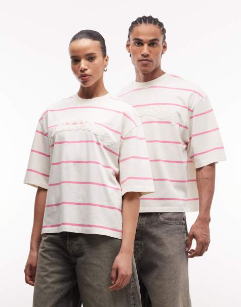 Camiseta amarilla a rayas rosas extragrande con logo de COLLUSION Unisex - view 1