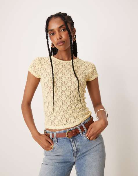 Camiseta amarillo crema semitransparente de manga corta con diseño encogido de encaje de ASOS DESIGN - view 1