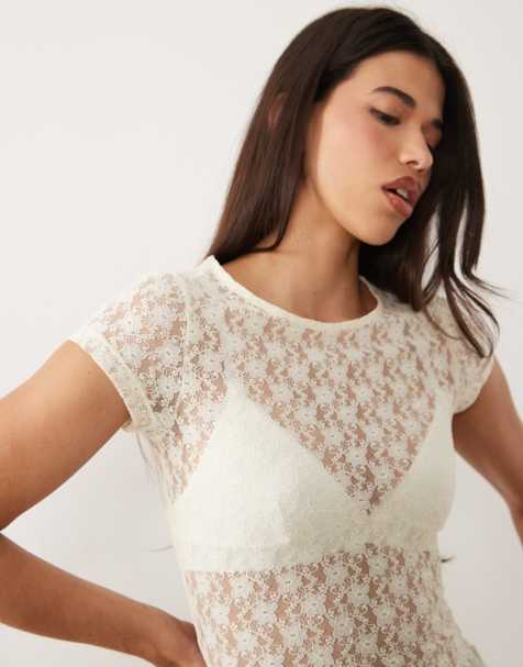 Camiseta amarillo pastel con diseño encogido de encaje de ASOS DESIGN - view 1