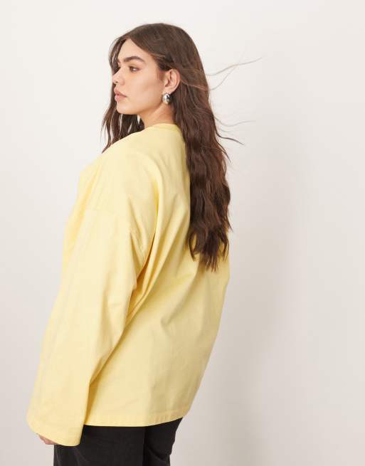 Camiseta amarillo pastel de manga larga y corte extragrande de algodón de ARRANGE Curve, 3 de 4