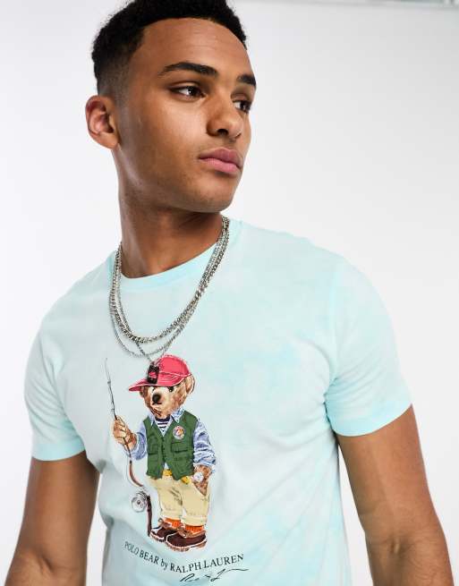 Camiseta azul aguamarina de corte custom con estampado de oso pescando y lavado acido de Polo Ralph Lauren