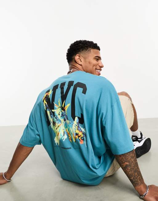 Camiseta azul cerceta extragrande con estampado de Nueva York en la espalda de ASOS DESIGN