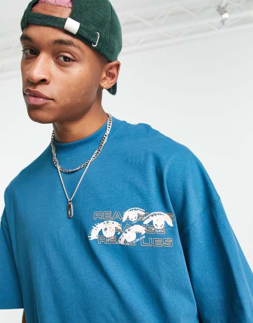 Camiseta azul cerceta extragrande con estampado de ojos de Topman 