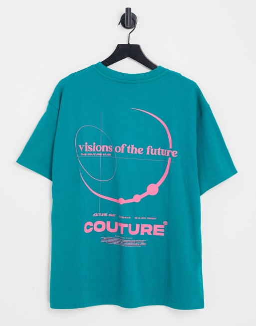 Camiseta azul cerceta extragrande con estampado futurista posicional de The Couture Club