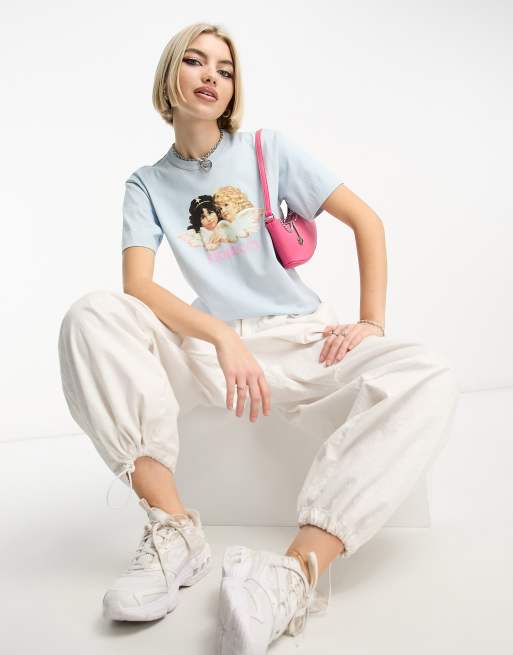 Camiseta azul claro con estampado clásico de ángel de Fiorucci, 3 de 4