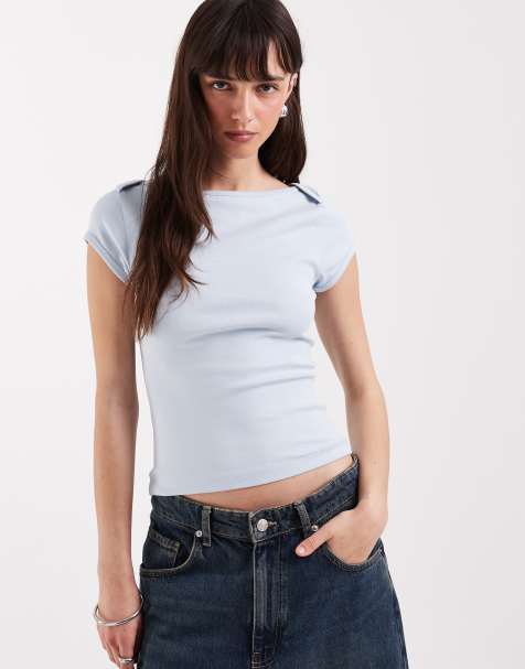 Camiseta azul claro de manga corta con diseño encogido y cuello barco de ASOS DESIGN - view 1