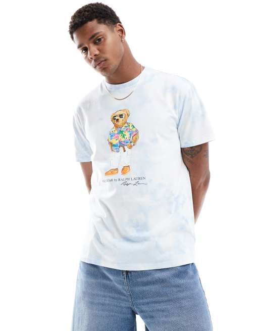 Camiseta azul claro extragrande clásica con lavado efecto nube y estampado 
