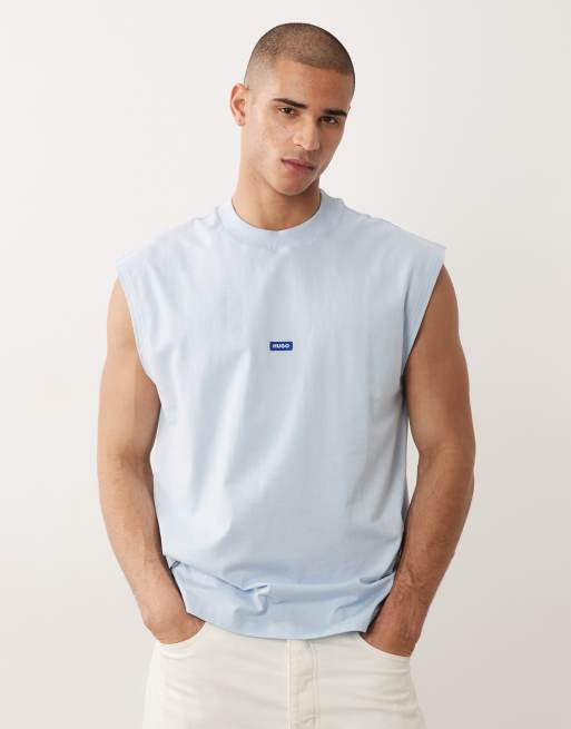 Camiseta azul claro sin mangas con detalle del logo de algodón de HUGO Blue, 3 de 5