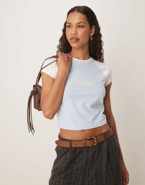 Camiseta azul claro y blanco hueso con diseño encogido, mangas raglán y logo de cuerda de estilo wéstern de Dickies - view 1