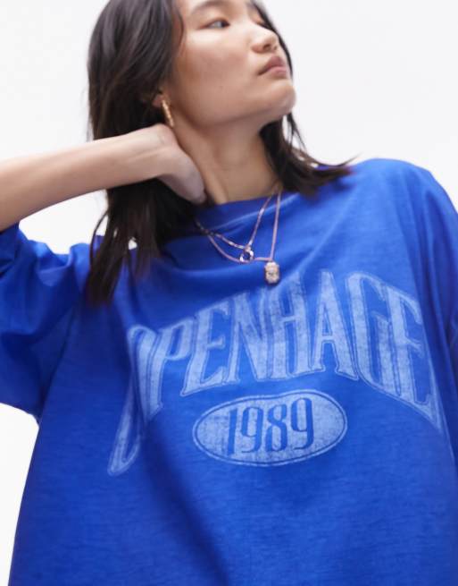 Camiseta azul cobalto extragrande con estampado gráfico "Copenhagen" de Topshop, 3 de 4