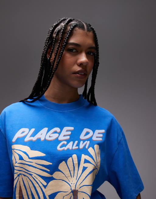 Camiseta azul cobalto extragrande con estampado gráfico "Plage de Calvi" de Topshop, 3 de 4