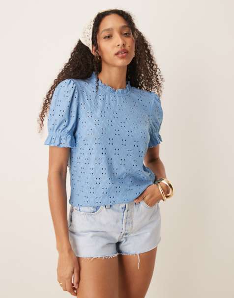 Camiseta azul con bordado inglés de punto de Vila - view 1