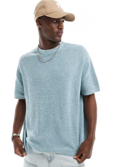Camiseta azul con cuello redondo de canalé de hilo retorcido de ASOS DESIGN