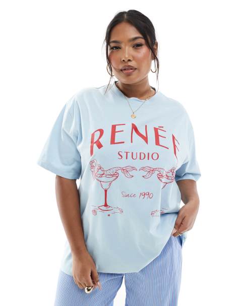 Camiseta azul con estampado gráfico de sirenas en copas de martini exclusiva de Renee Studio Plus - view 1