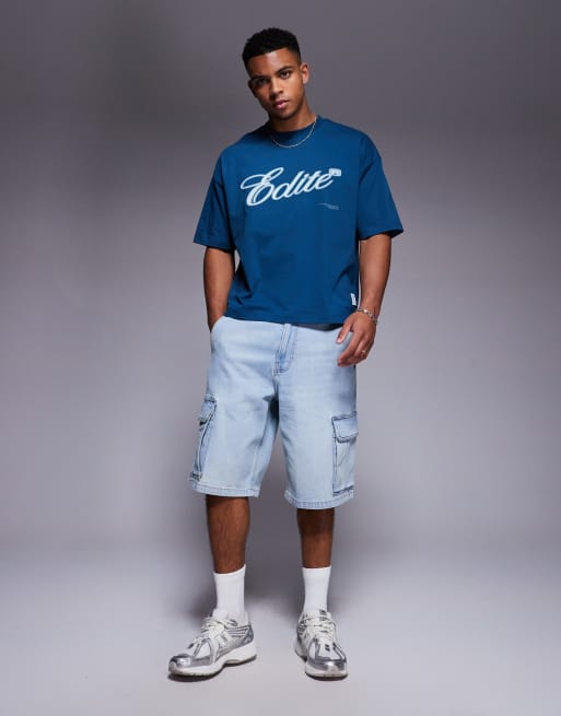 Camiseta azul de corte cuadrado extragrande con estampado gráfico de texto de ASOS DESIGN , 2 de 4
