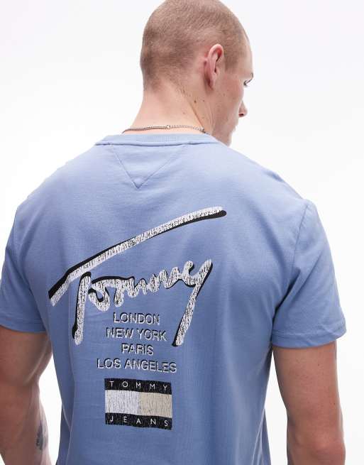 Camiseta azul de corte estándar con estampado de firma en la espalda de Tommy Jeans