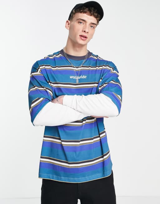 Camiseta azul extragrande a rayas de manga larga con diseño de capa inferior de ASOS DESIGN