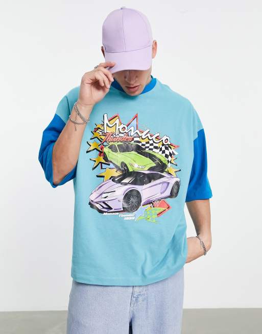 Camiseta azul extragrande con diseño color block y estampado de coche de ASOS DESIGN