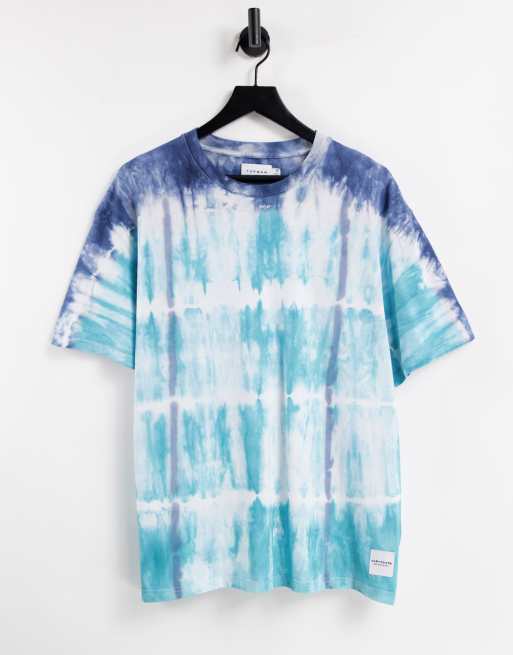Camiseta azul extragrande con efecto tie dye a rayas de Topman 
