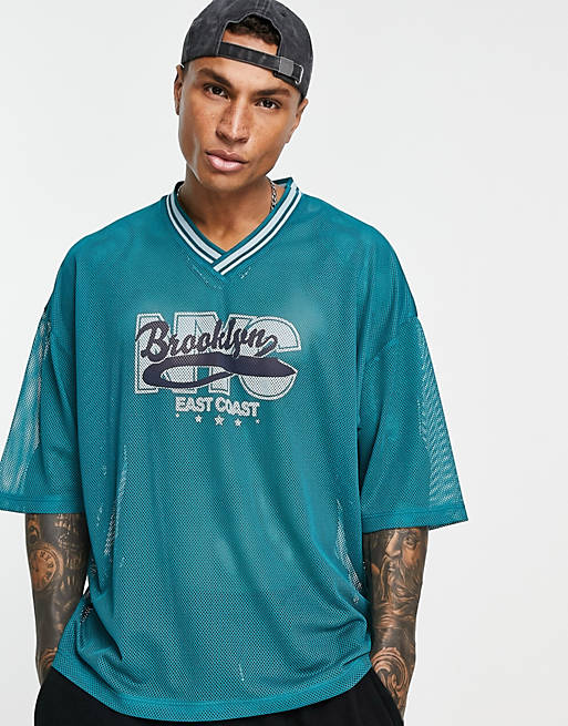 Hombre Other | Camiseta azul extragrande con estampado de ciudad Brooklyn de malla de ASOS DESIGN - IC57980