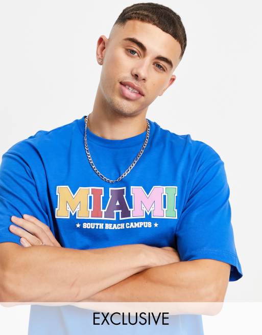 Camiseta azul extragrande con estampado de Miami exclusiva en ASOS de Only & Sons
