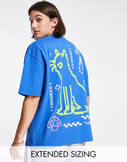 Camiseta azul extragrande con estampado gráfico de gato de videojuego grande en la espalda de Crooked Tongues