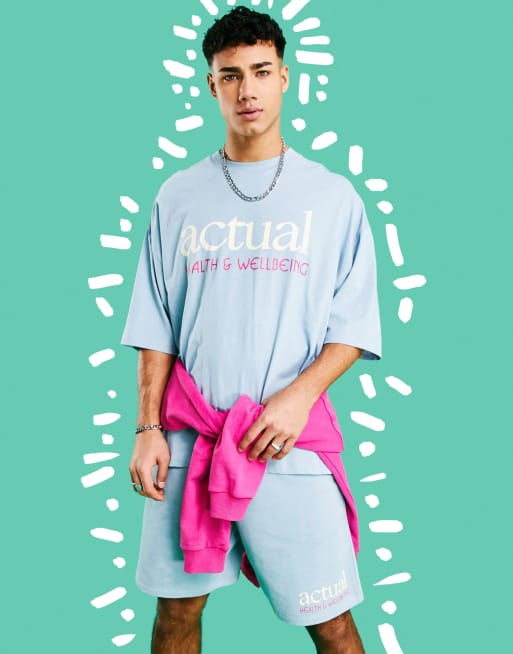 Camiseta azul extragrande con estampado gráfico del logo de ASOS Actual (parte de un conjunto)