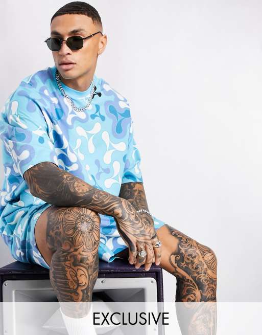 Camiseta azul extragrande con estampado integral del logo de ASOS Dark Future x Cream (parte de un conjunto)