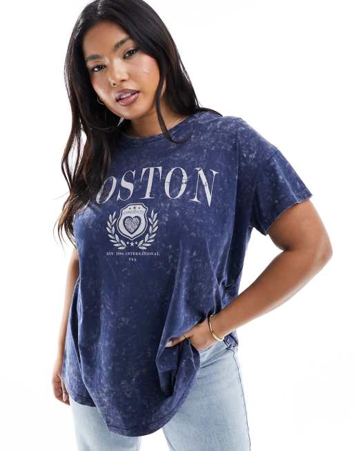 Camiseta azul extragrande con lavado ácido y estampado 
