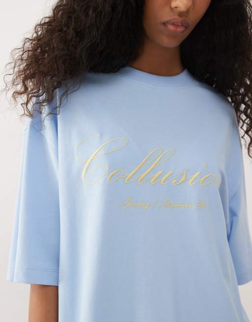 Camiseta azul extragrande con logo bordado de COLLUSION, 3 de 4
