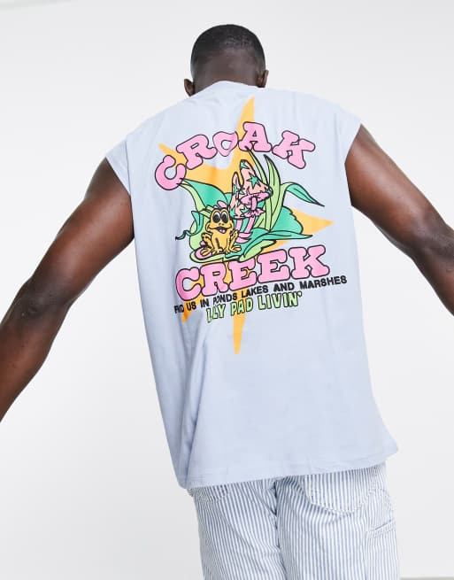 Camiseta azul extragrande sin mangas con estampado de dibujos en la espalda de ASOS DESIGN