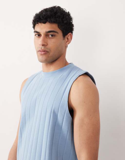 Camiseta azul extragrande sin mangas de canalé ancho de ASOS DESIGN, 3 de 5