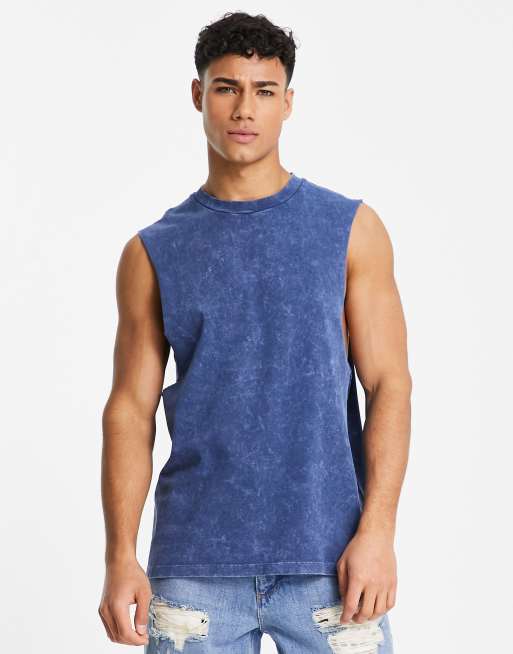 Camiseta azul holgada sin mangas con lavado ácido de tejido grueso de ASOS DESIGN