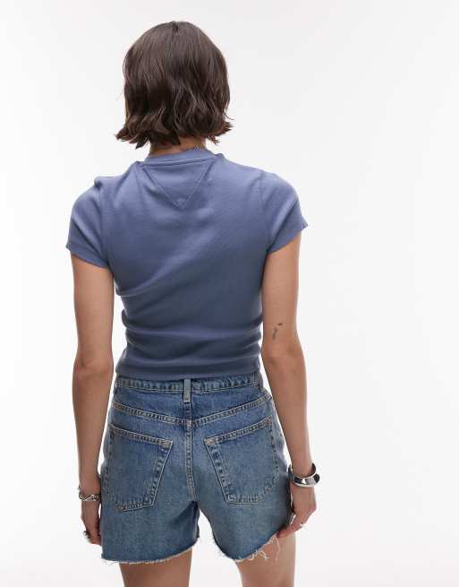 Camiseta azul jaspeado con logo de texto en el pecho de Tommy Jeans, 3 de 4