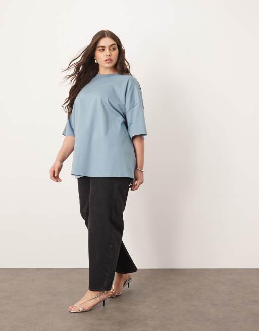 Camiseta azul lavado extragrande de tejido grueso premium de ARRANGE Curve, 2 de 4