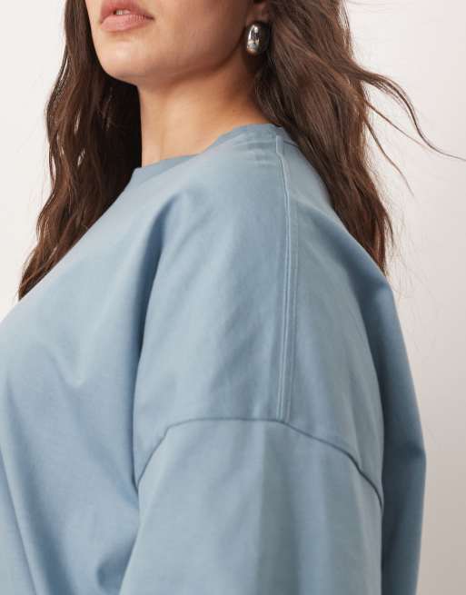 Camiseta azul lavado extragrande de tejido grueso premium de ARRANGE Curve, 3 de 4
