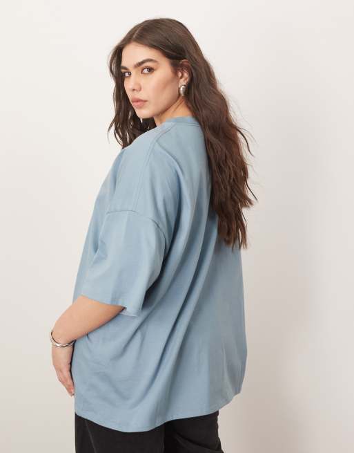 Camiseta azul lavado extragrande de tejido grueso premium de ARRANGE Curve, 4 de 4